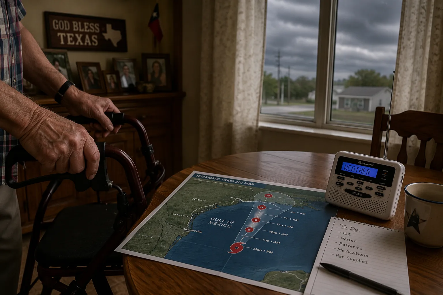Older adult's hands near a walker beside a Texas hurricane tracking map and weather radio