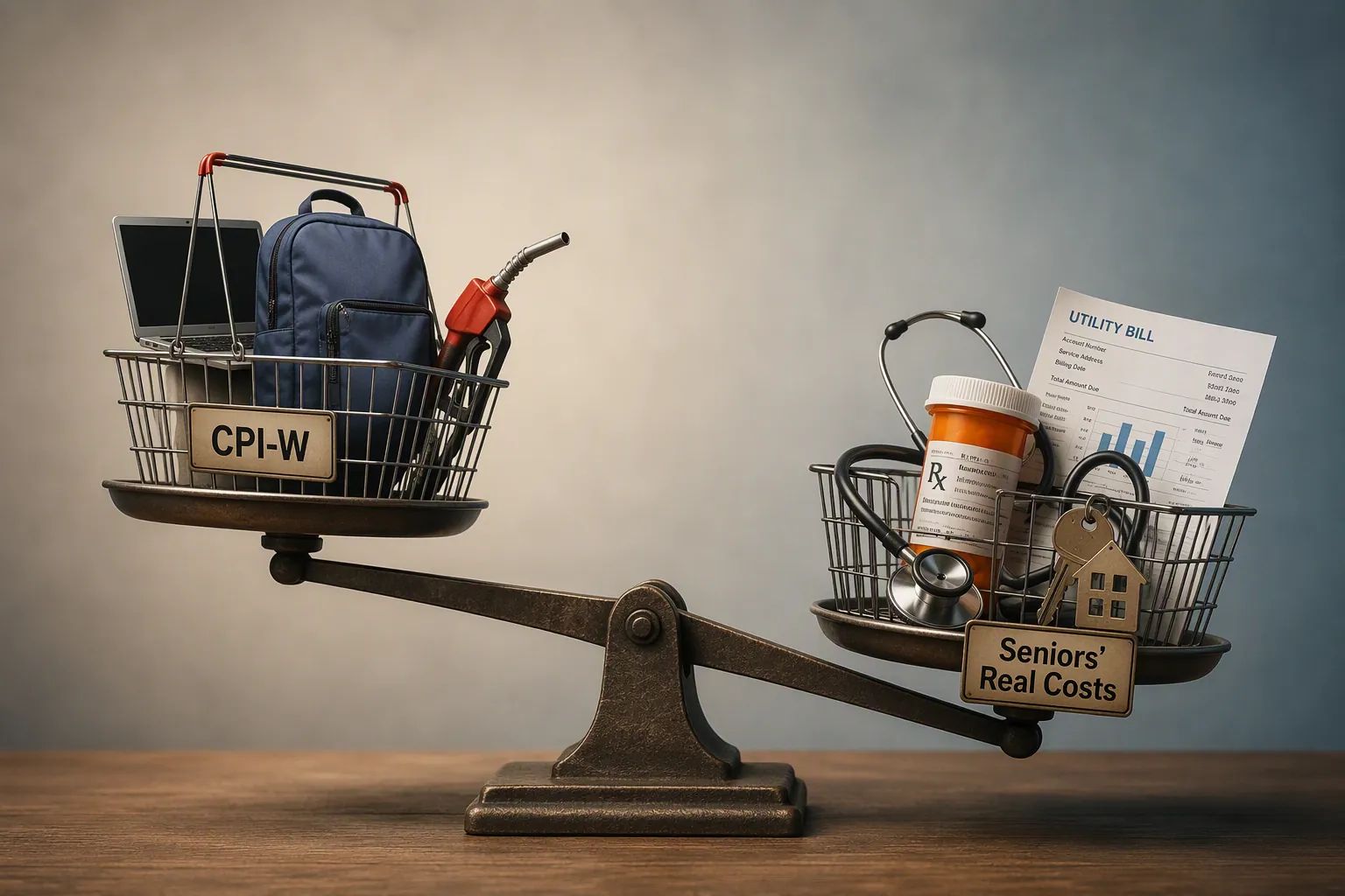 Balance scale comparing working-age expenses with heavier senior expenses such as prescriptions, housing, and utilities