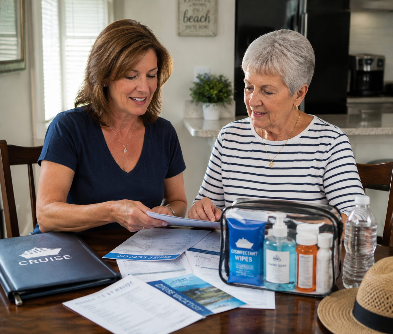 A middle-aged woman and her elderly parent preparing cruise documents and a small health kit at a kitchen table