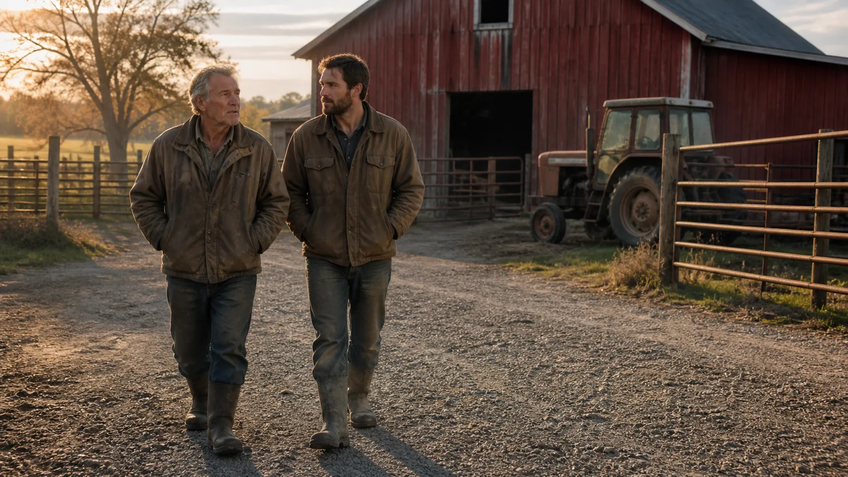 Adult son and aging father walking across a gravel farmyard near a barn, tractor, gate, and farm paths