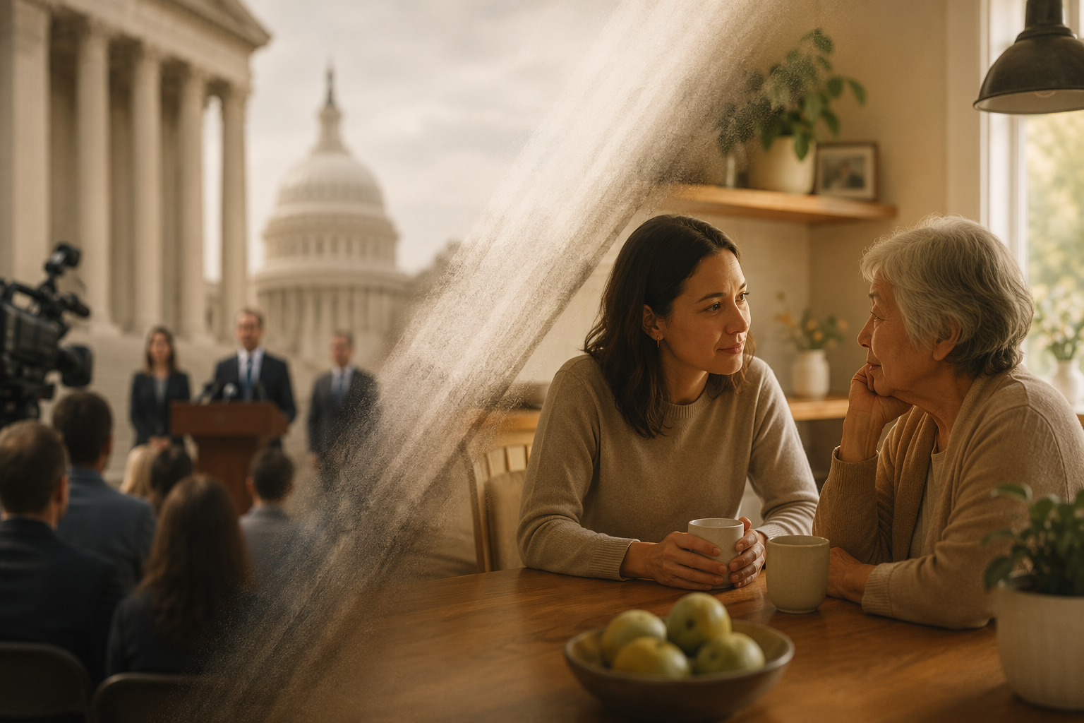Government columns and a news conference scene contrasted with an adult child and older parent talking at a kitchen table
