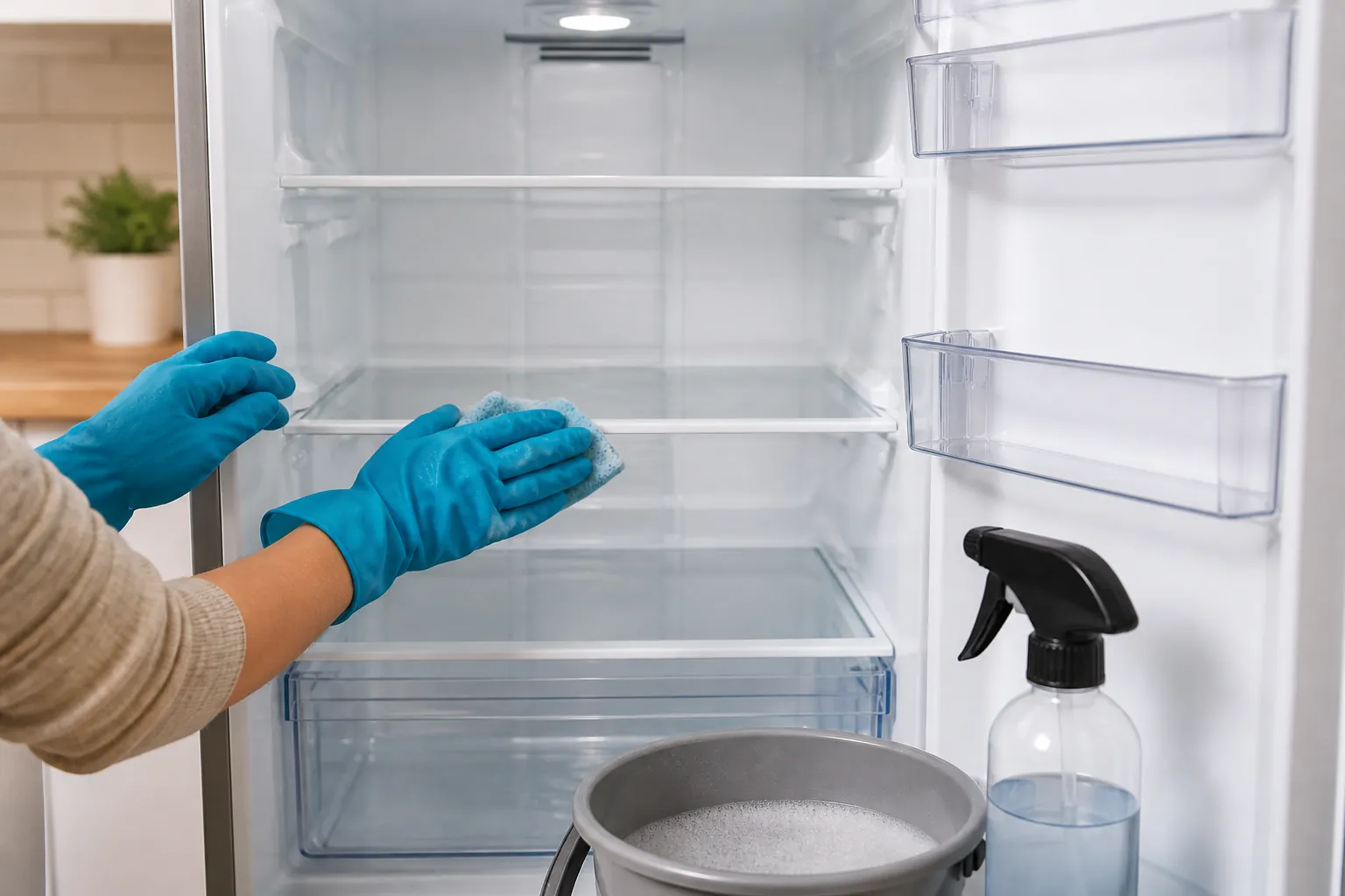 Gloved hands wiping an empty refrigerator shelf with a soapy cloth