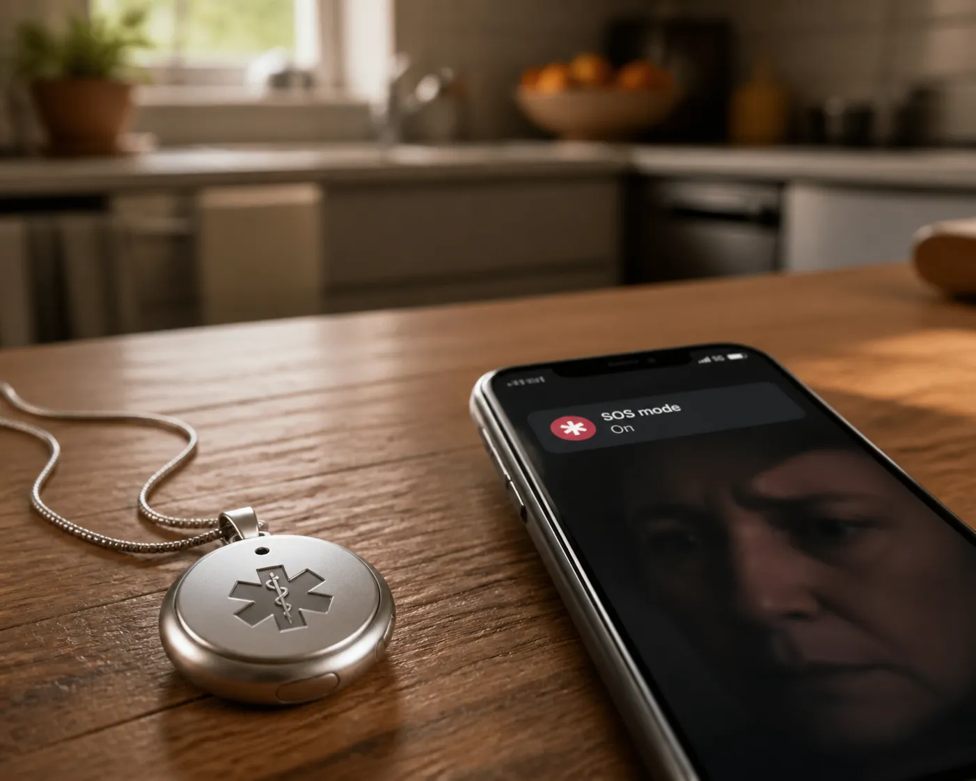 Medical alert pendant beside a smartphone showing SOS mode on a kitchen table