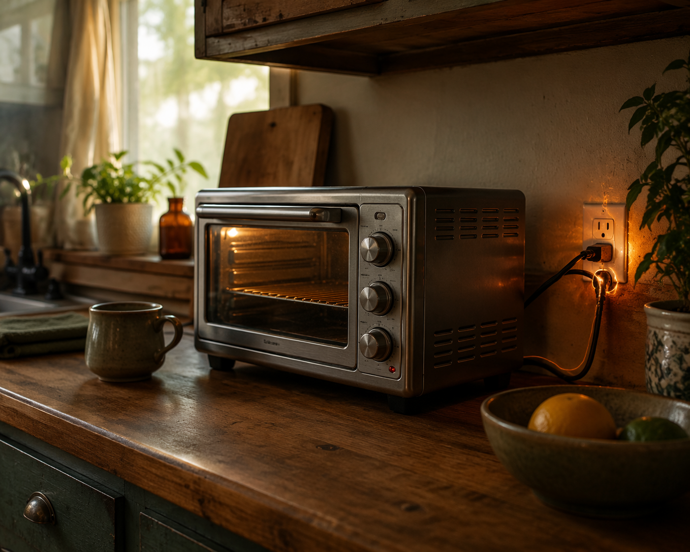 A silver toaster oven plugged into a kitchen outlet with a subtle glow near the plug suggesting hidden electrical stress