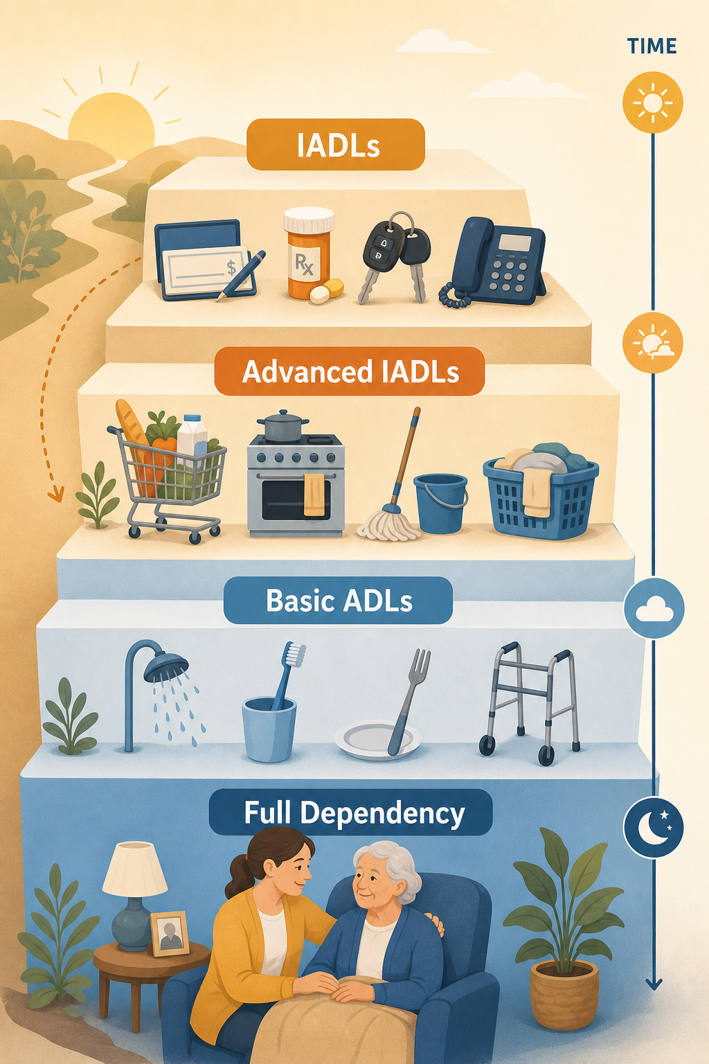 Stepwise pathway illustration showing declining functional independence from IADLs to ADLs to full care need.