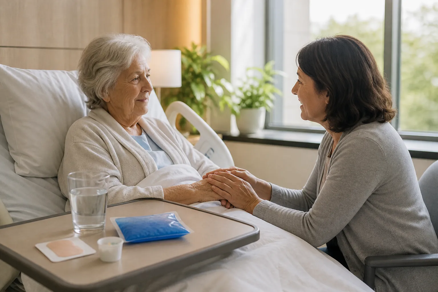 Older woman recovering in a hospital bed with her adult daughter beside her and non-opioid comfort tools nearby