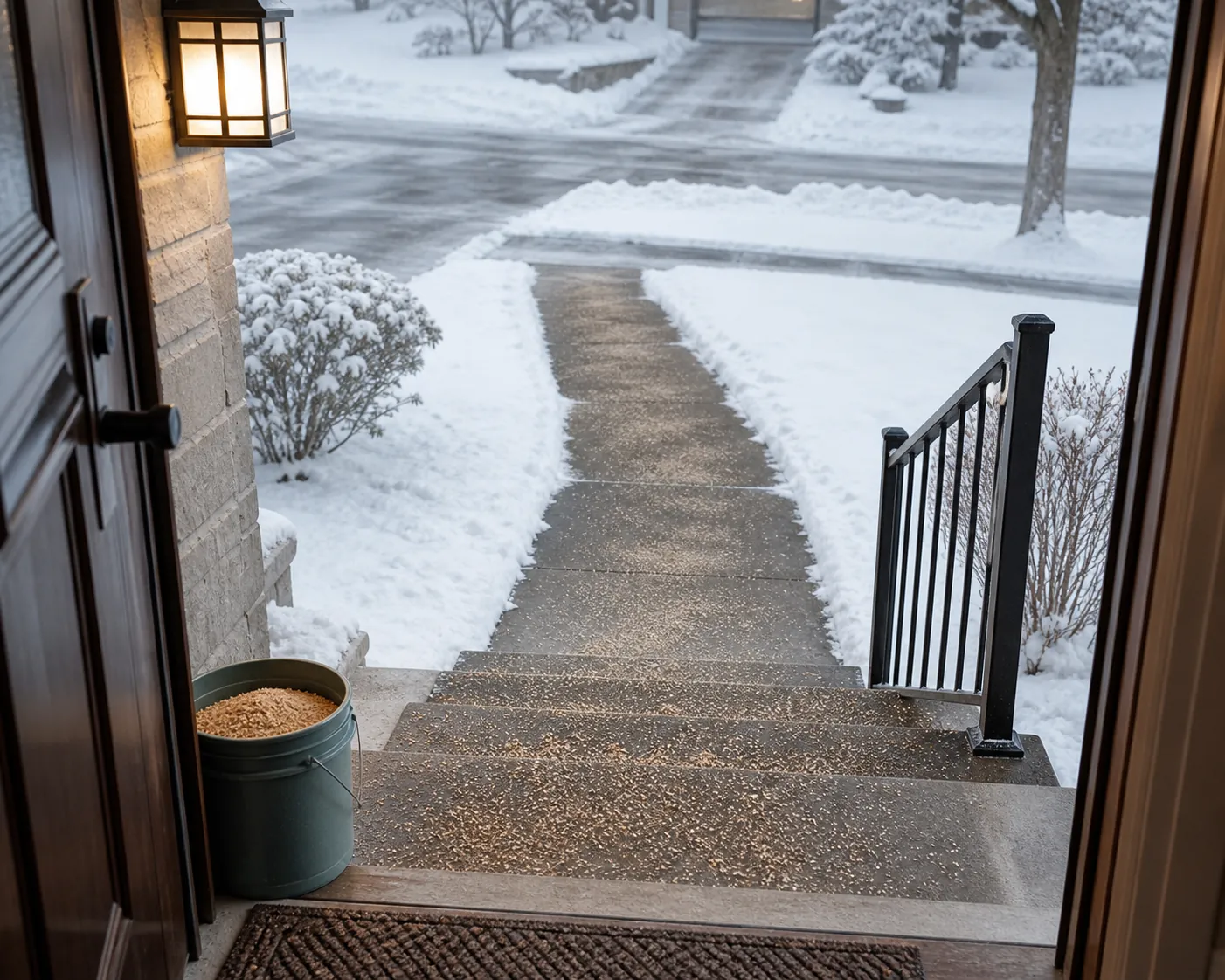 Front doorway looking out at winter steps, a cleared walkway, handrail, porch light, and ice melt bucket