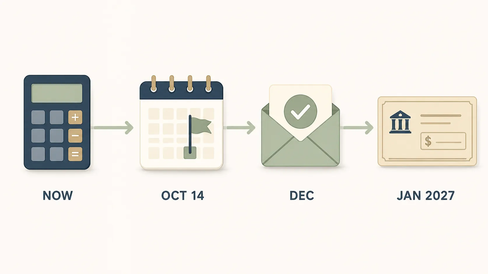 Four-stage verification timeline labeled now, Oct. 14, December, and January 2027