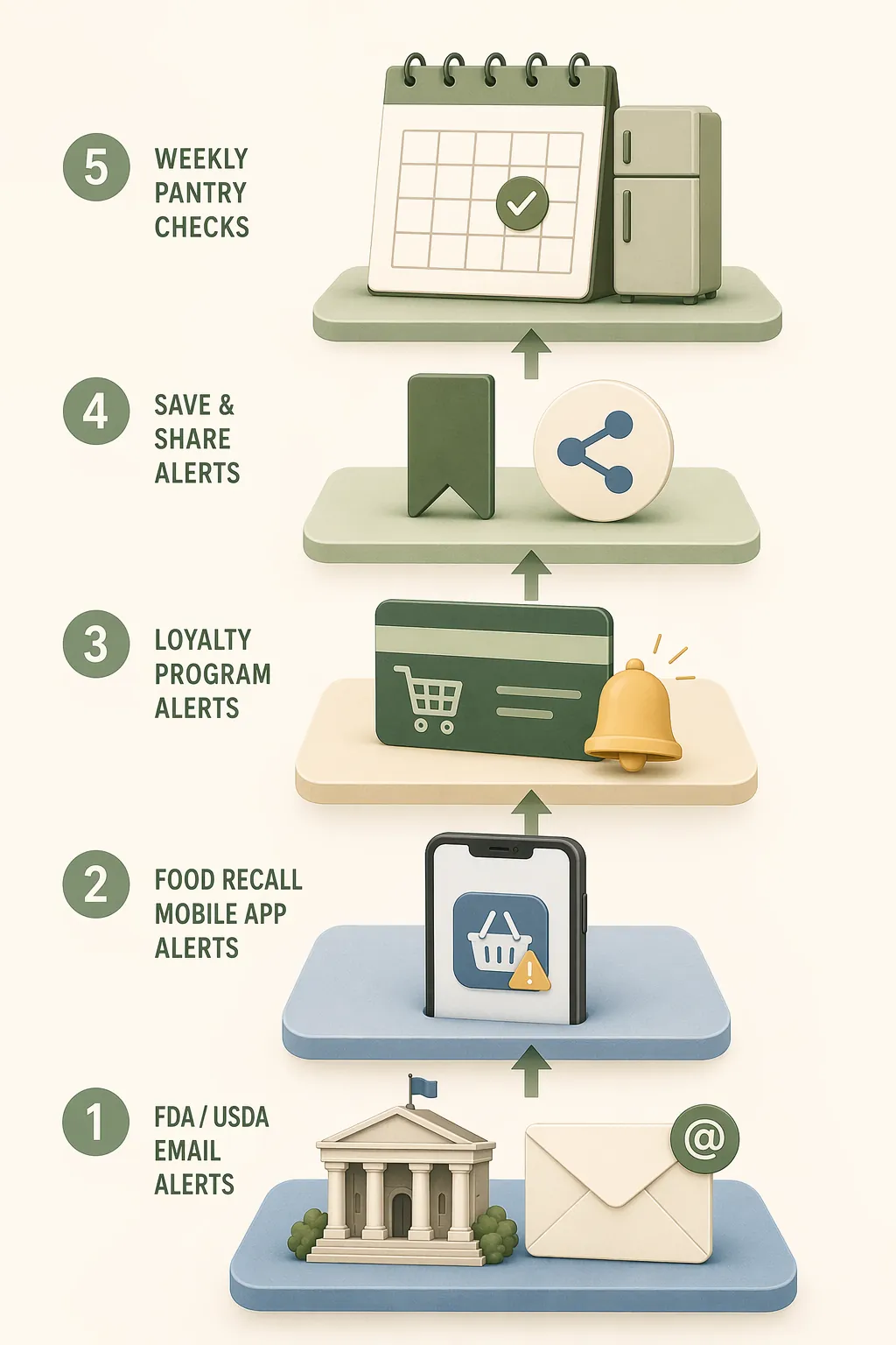 Illustration of five connected food recall alert layers including government email, app, loyalty card, bookmark, and weekly refrigerator check