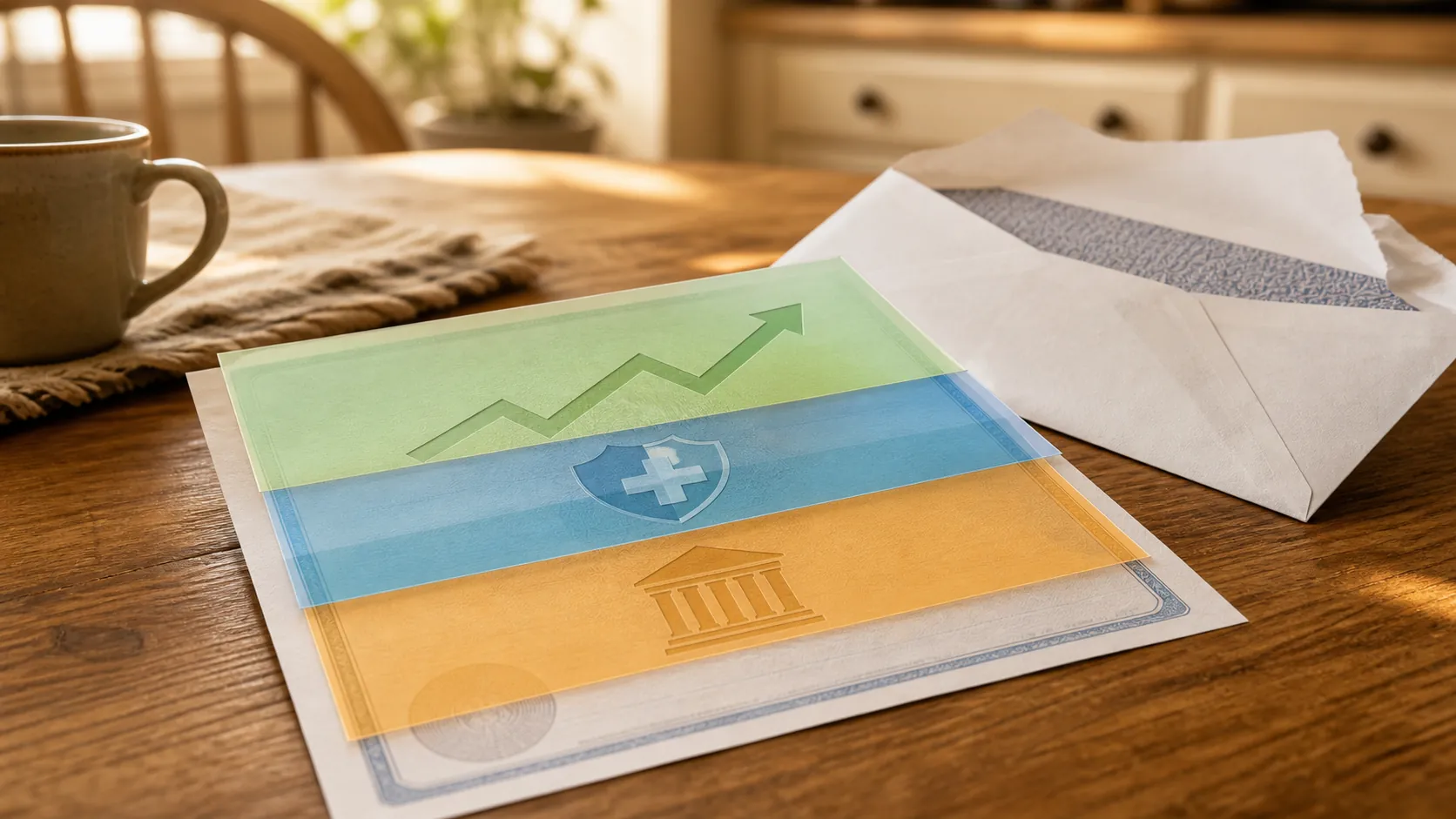 Social Security benefit statement with layered raise, Medicare deduction, and tax withholding components on a kitchen table
