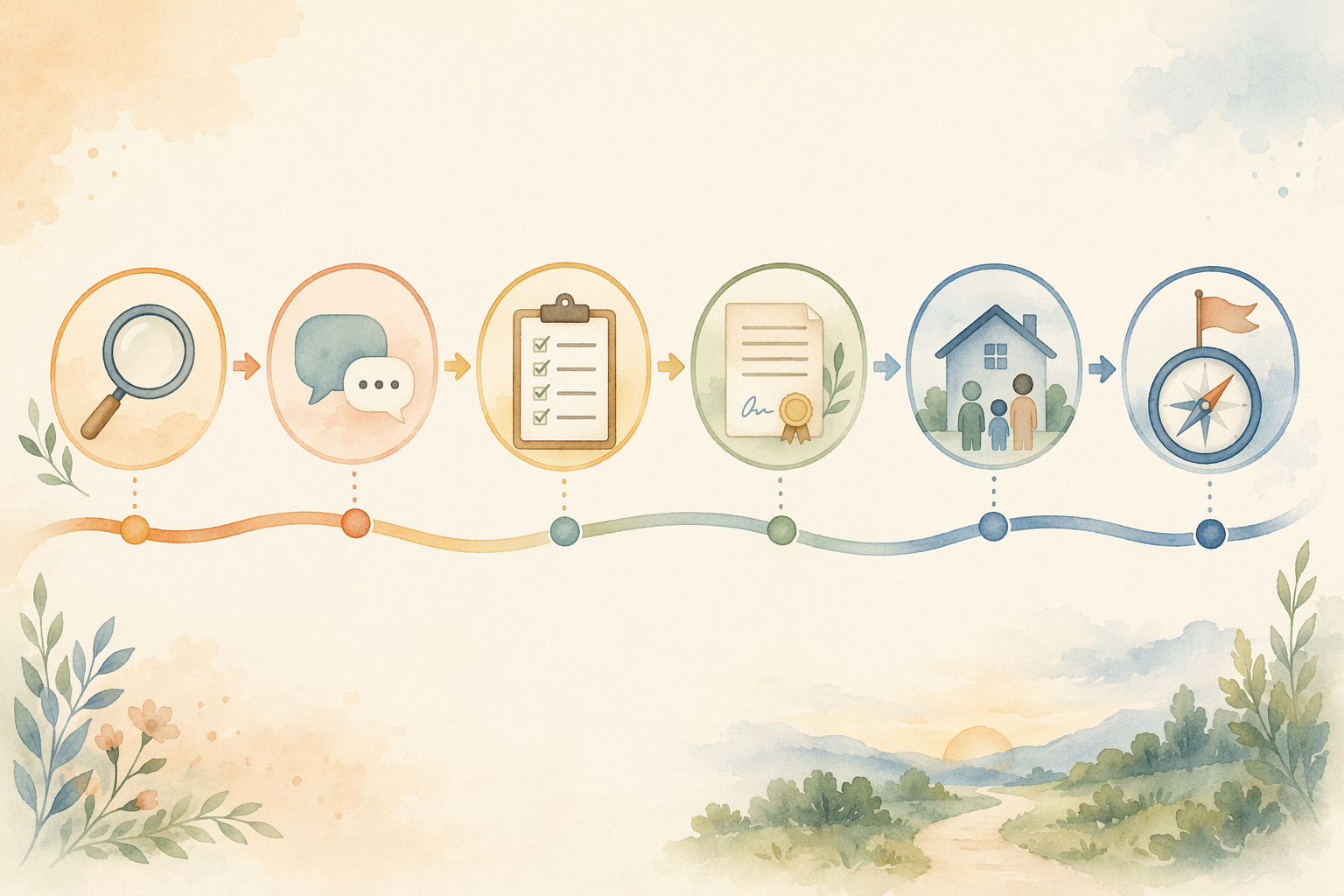 A horizontal infographic-style roadmap with six connected nodes: Notice Signs, First Conversation, Baseline Assessment, Legal Documents, Family Care Plan, and Your Action Plan.