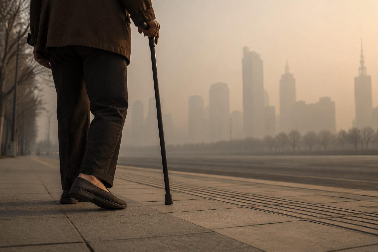 Older adult walking with a cane on a hazy city sidewalk