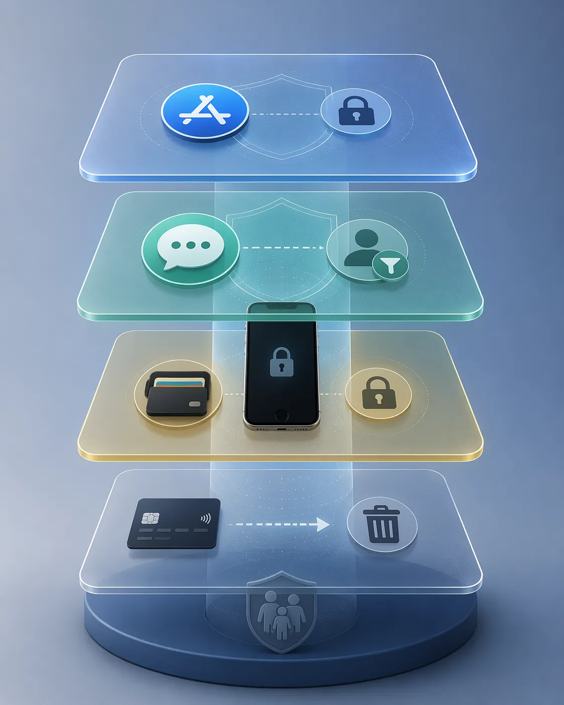 Illustration of four protective layers around an iPhone for app purchases, messages, wallet access, and card removal