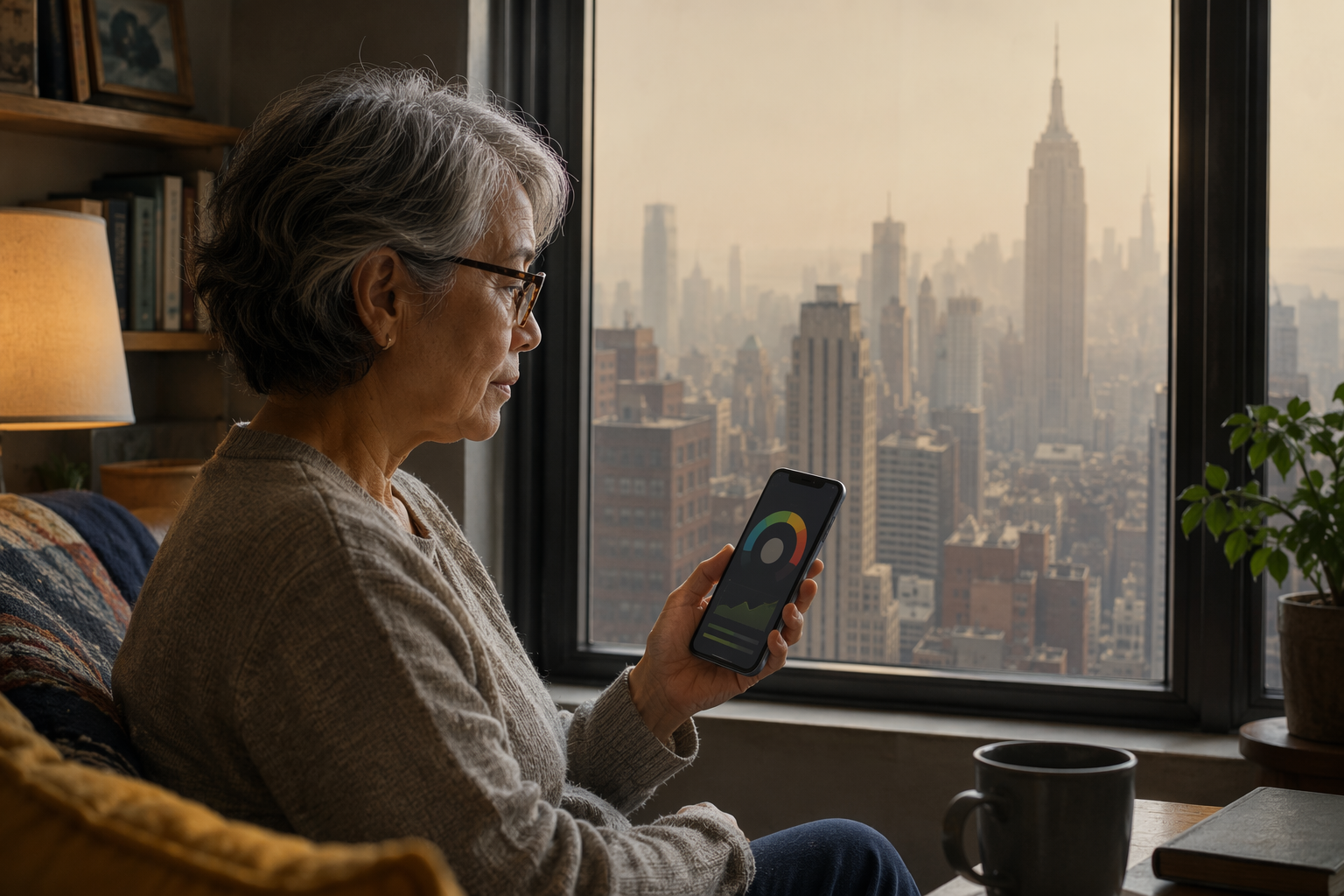 Older adult in a New York City apartment checking a smartphone while hazy air hangs over the skyline