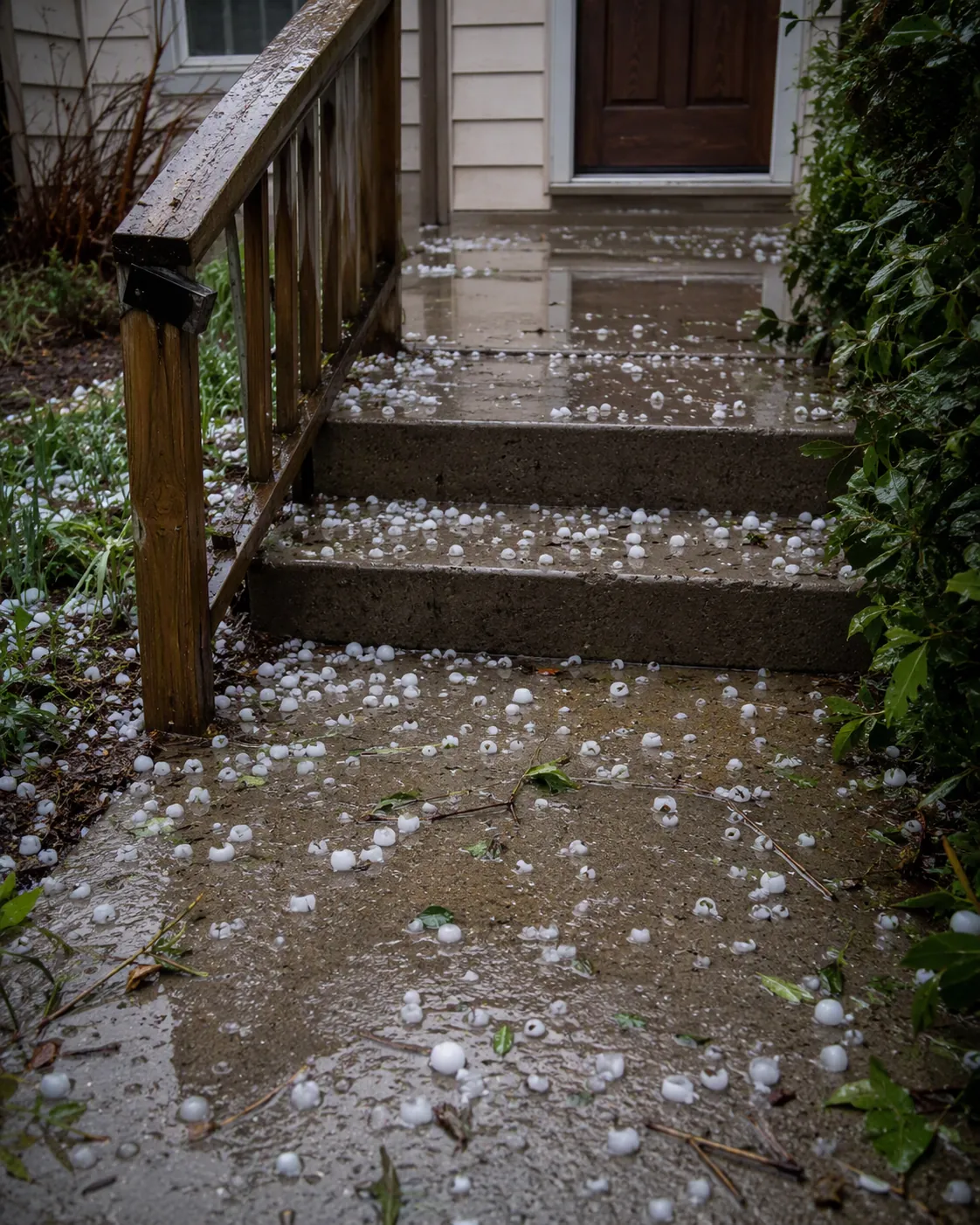 Wet front walkway and steps after hail with scattered hailstones, debris, a puddle, and a loose handrail