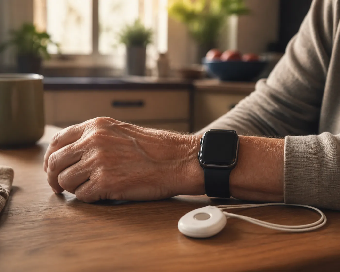 Older adult wearing a smartwatch beside a medical-alert pendant on a kitchen table