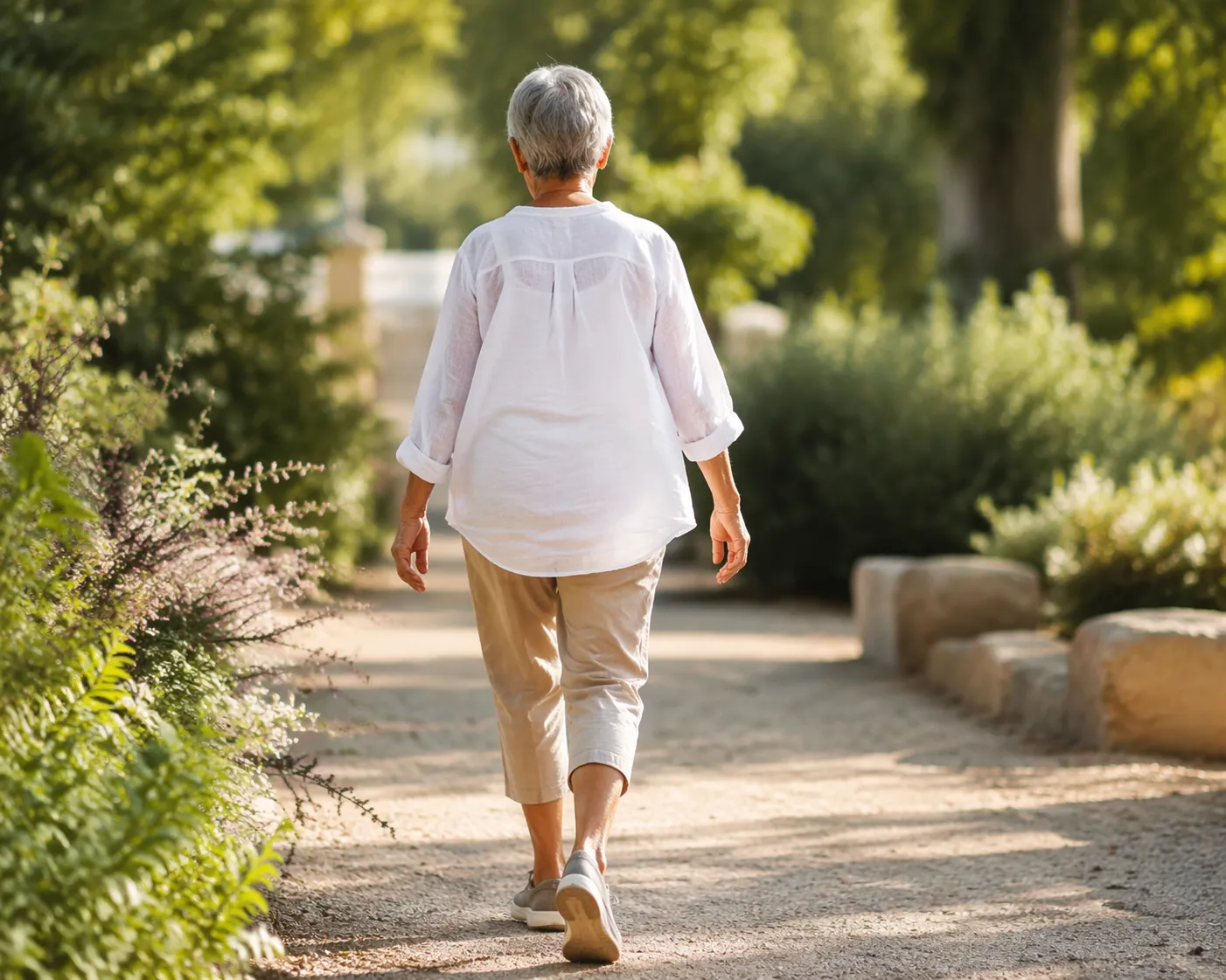 Older adult walking confidently on a sunlit garden path with balanced stride