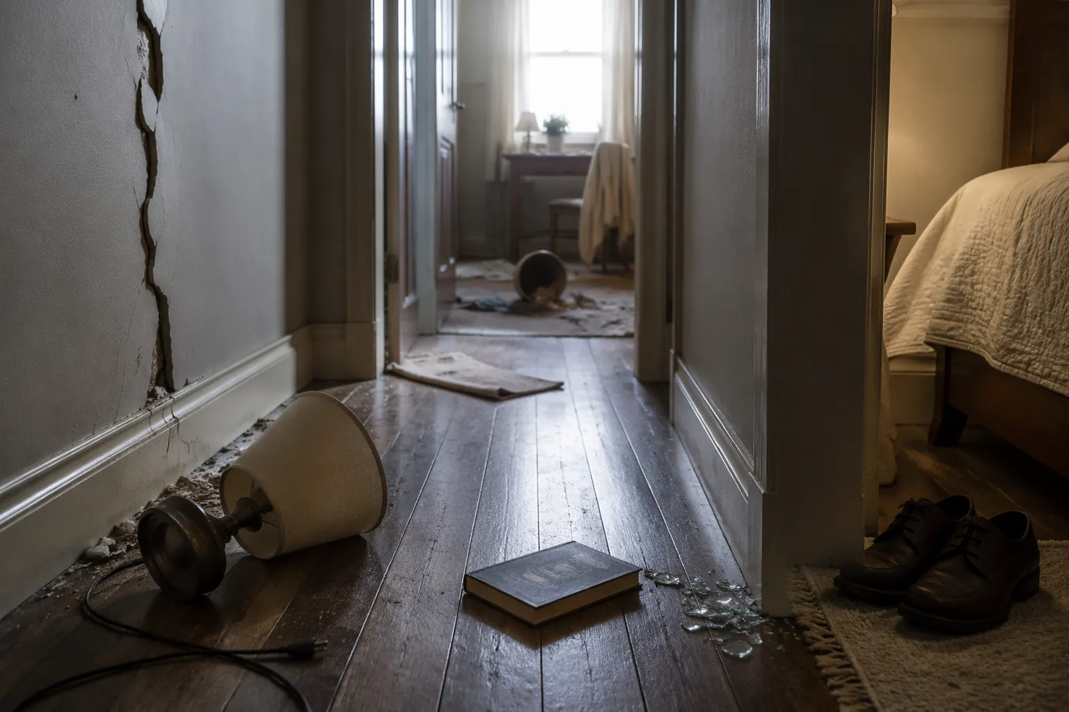 Post-earthquake hallway with a cracked wall, fallen lamp, shifted rug, scattered books, broken glass, and sturdy shoes near a bed
