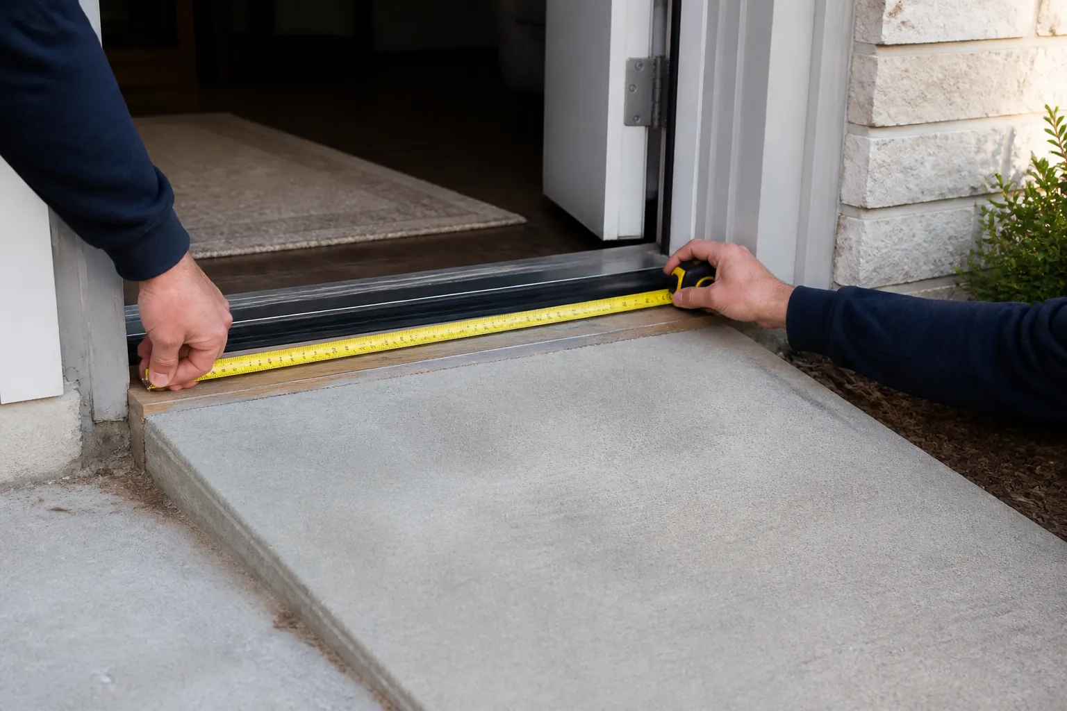 Home front entrance with a low threshold and gently sloping wheelchair ramp being measured