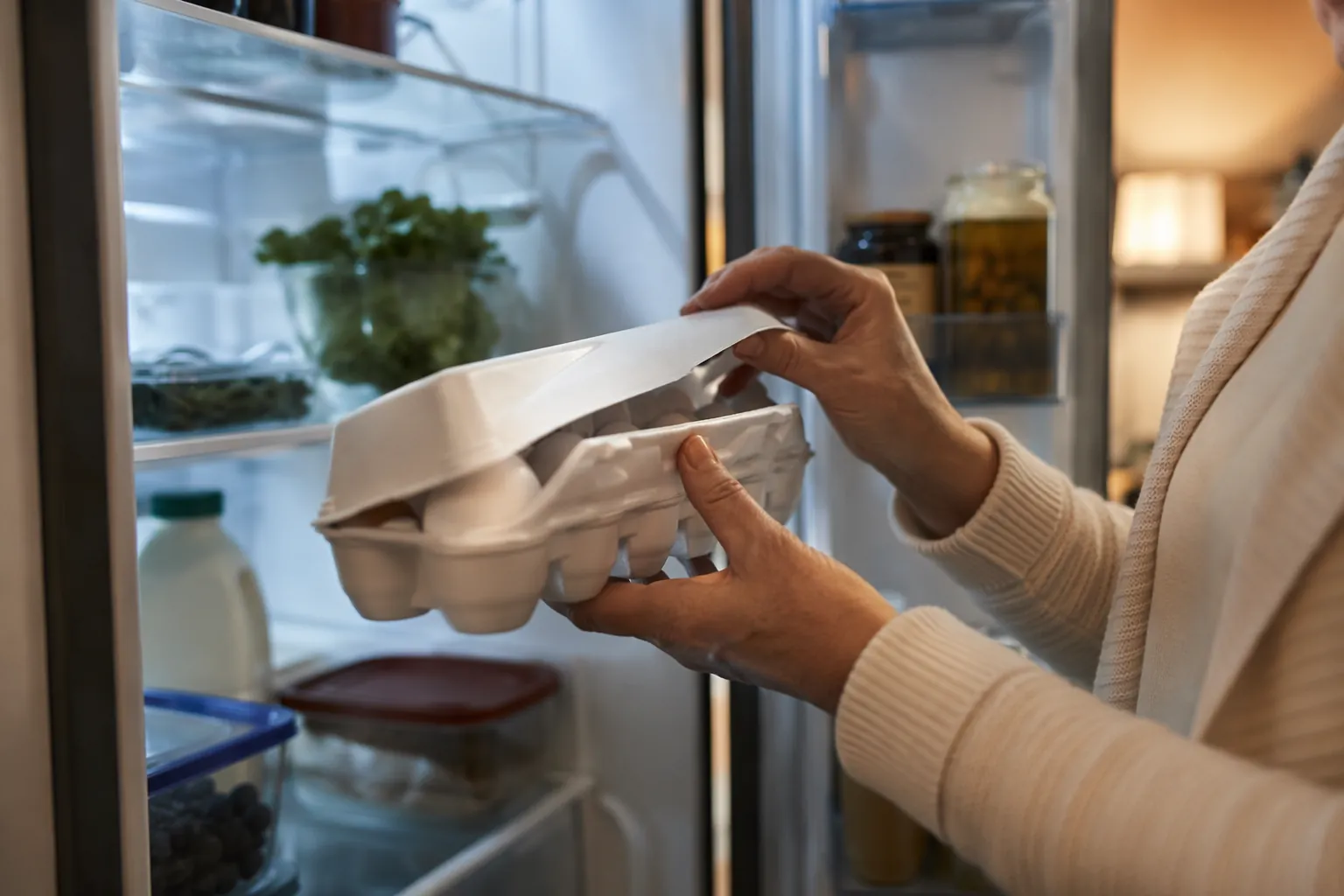 Hands checking the label area of a white egg carton inside a refrigerator