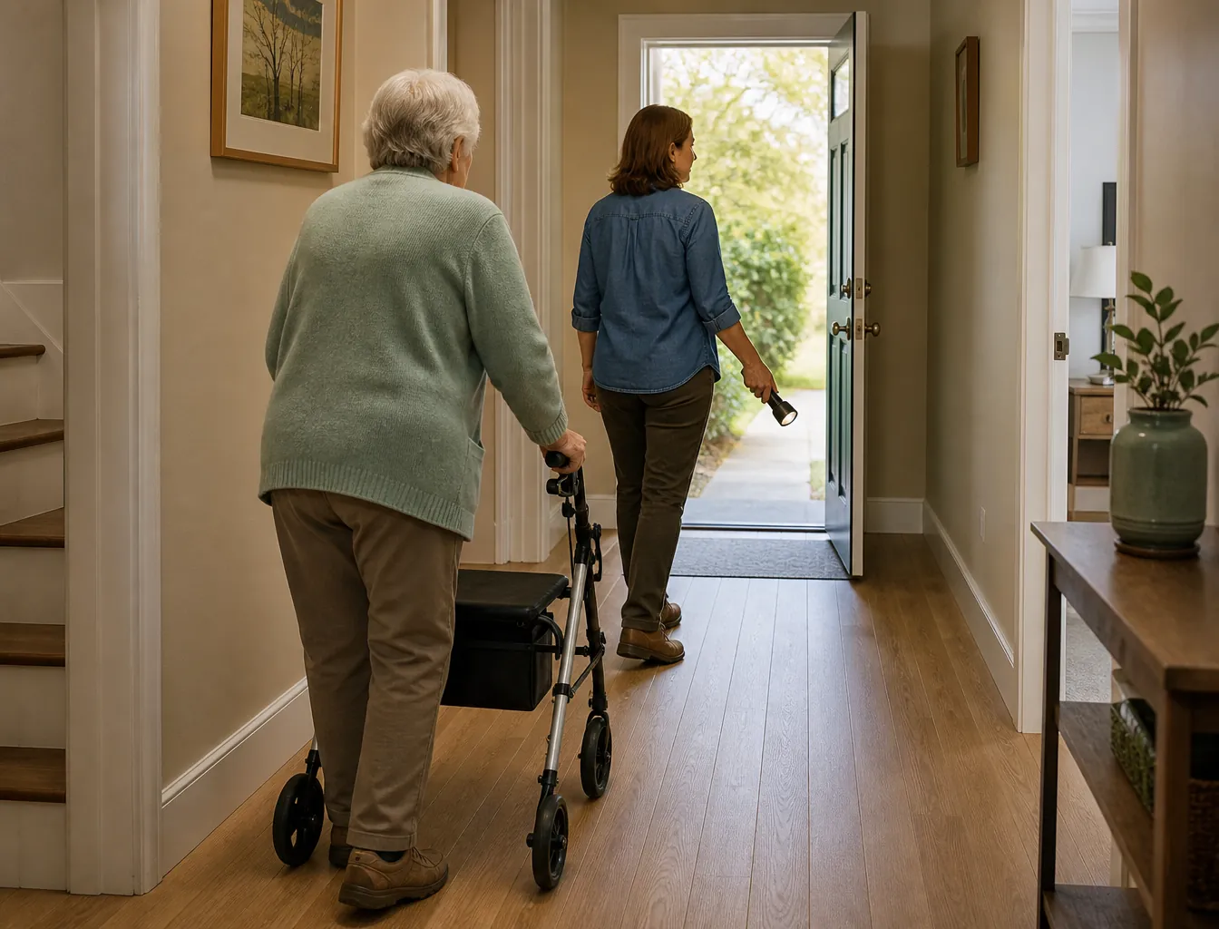 Older adult practicing an evacuation route with a rollator walker while a caregiver walks ahead through a clear hallway