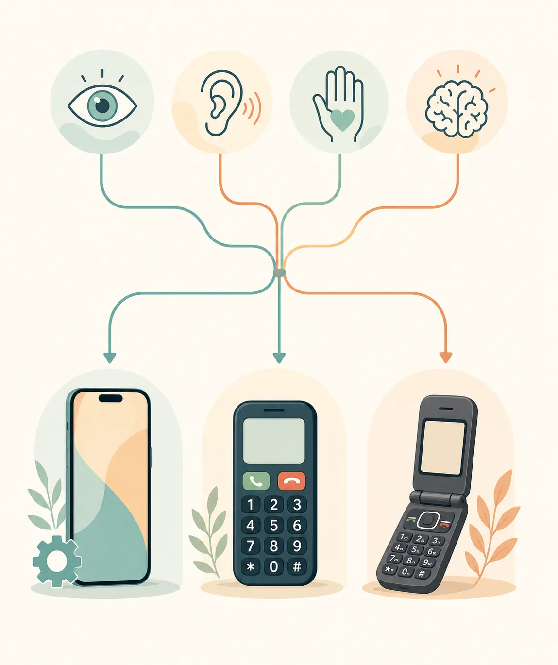 Branching framework from vision, hearing, dexterity, and memory needs to different phone types
