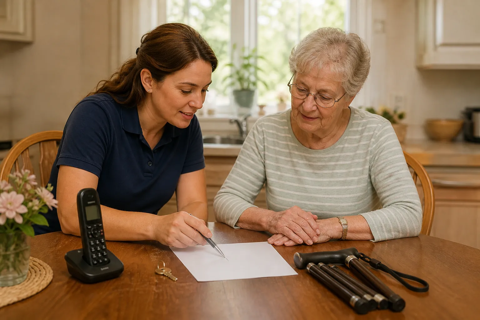 Caregiver and older adult reviewing an emergency checklist with a phone, spare key, and cane on the table