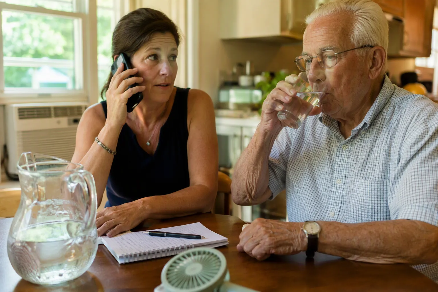 Adult daughter checking on her older father by phone while he drinks water near an air conditioner and checklist