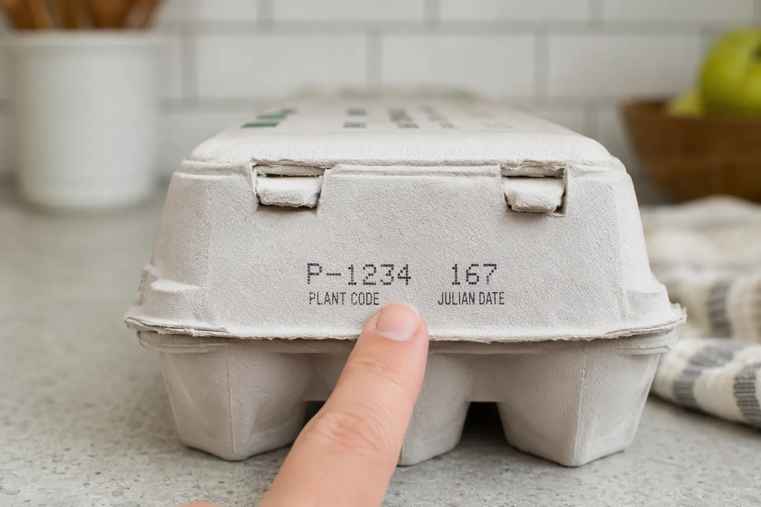 Close-up of an egg carton label showing a plant code and three-digit Julian date