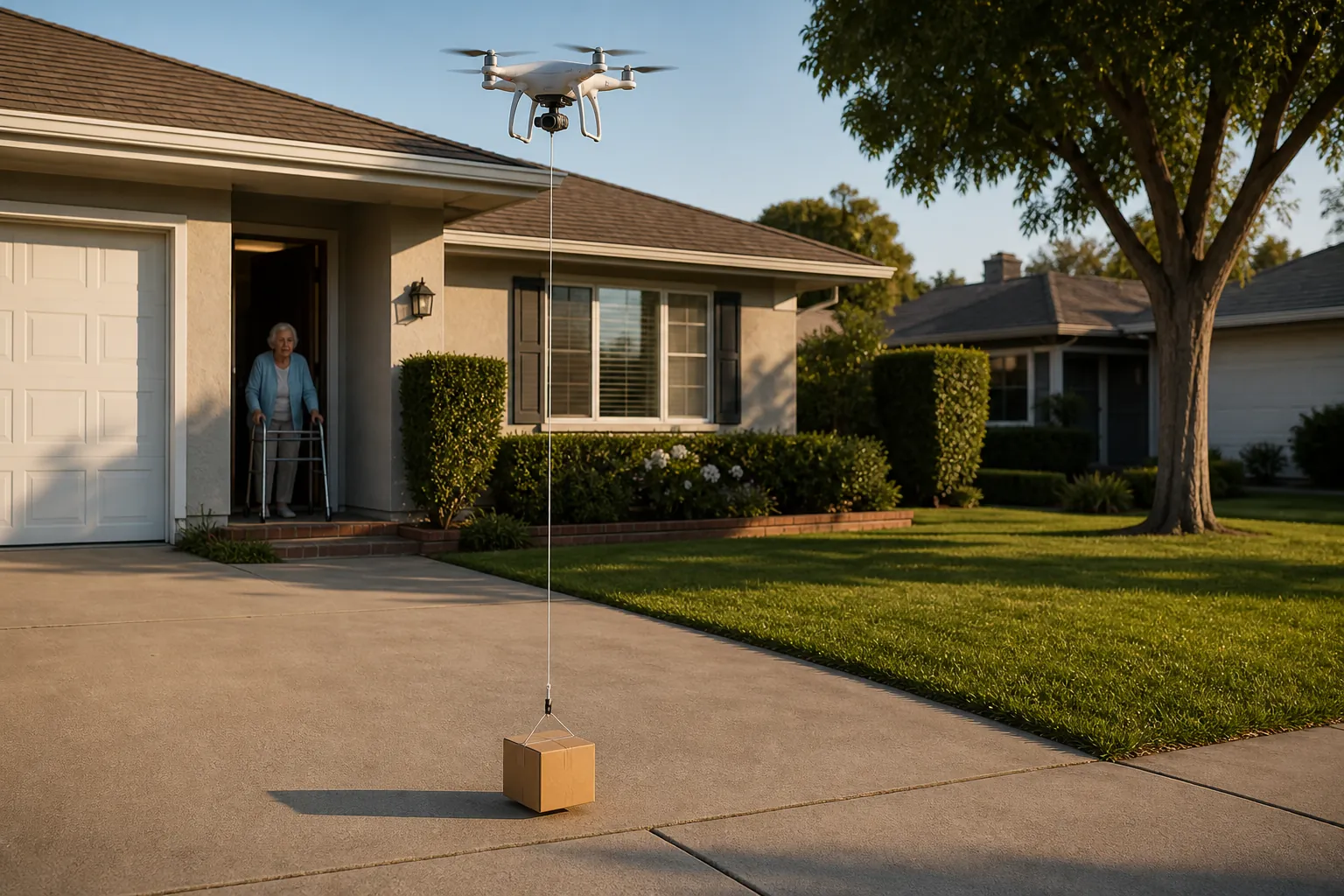 Delivery drone lowering a package toward a suburban driveway while an older woman with a walker watches from the doorway
