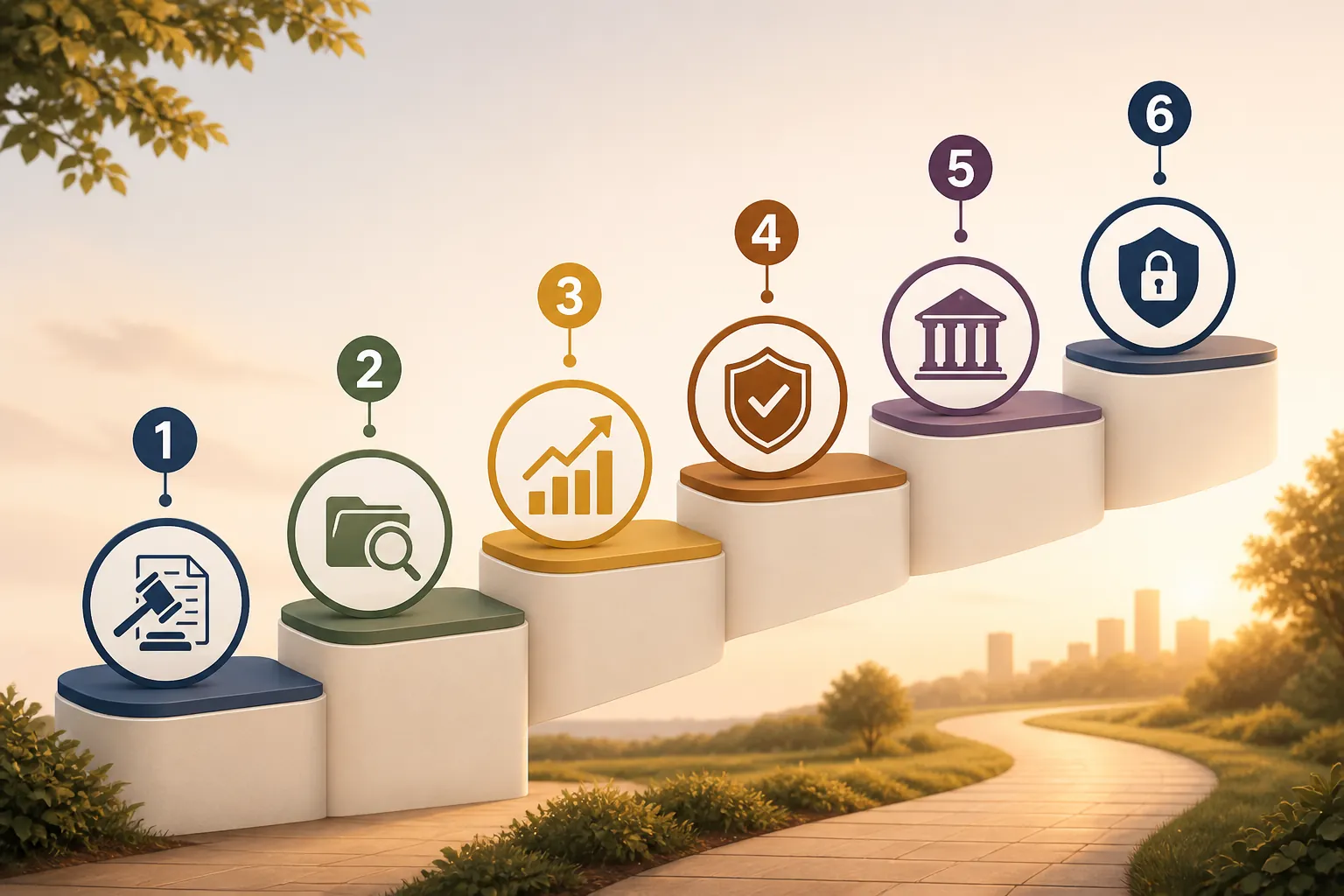 Six-step path showing legal authority, financial inventory, care cost projection, insurance review, benefits navigation, and fraud safeguards