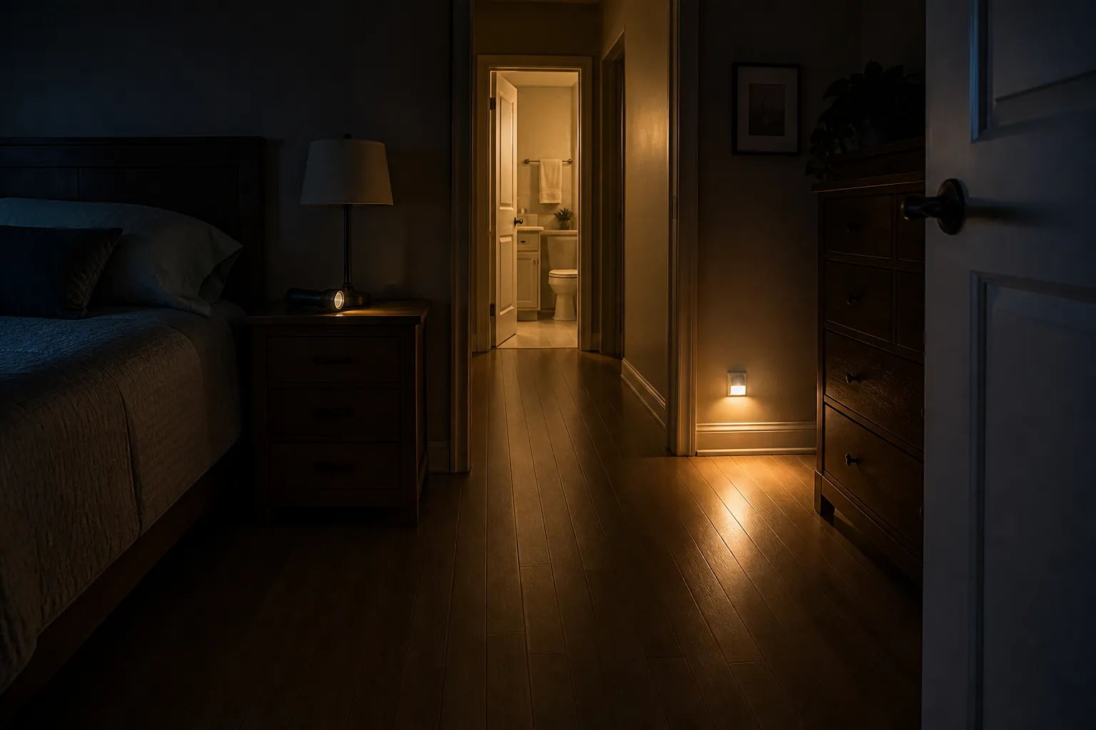 Dim senior's bedroom with a clear path to a softly lit bathroom doorway and a flashlight on the nightstand