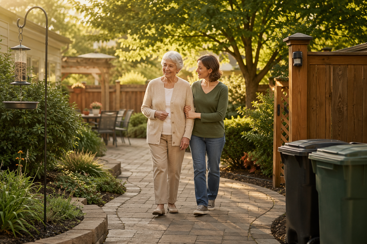Older adult and younger adult inspecting a clear backyard path with secured trash bins, trimmed shrubs, lighting, and a bird feeder away from the walkway