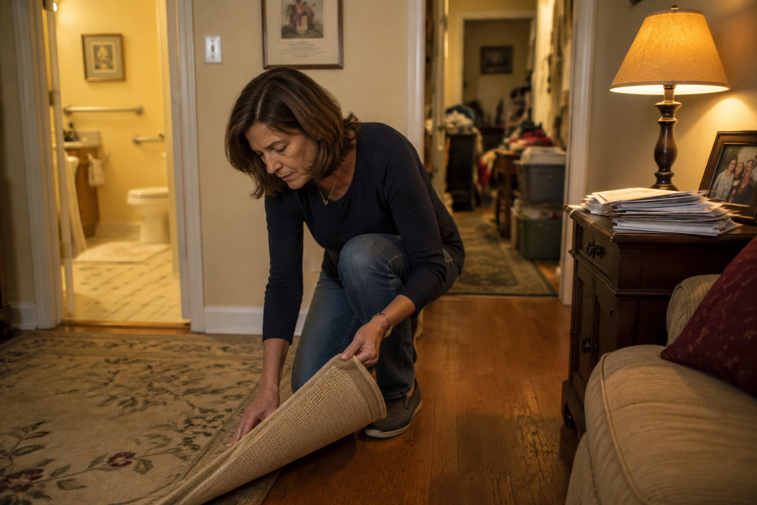 Adult child inspecting a loose rug and home trip hazards after an elderly parent's fall