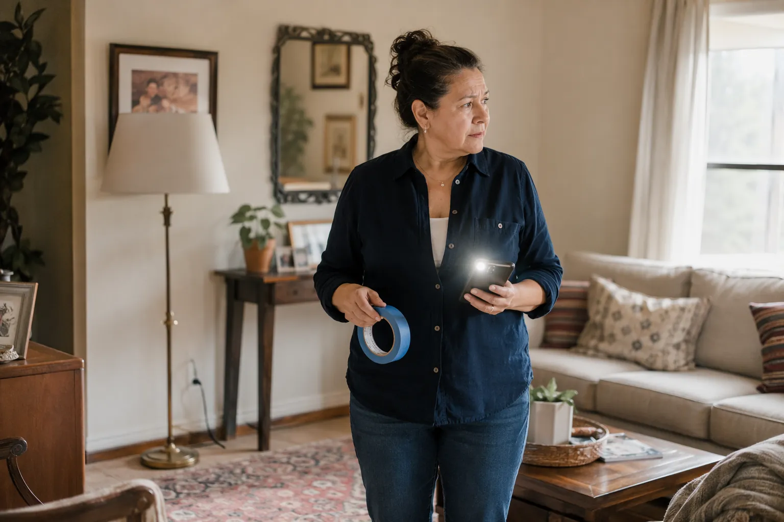 A caregiver assesses a living room with blue painter’s tape, a phone flashlight, a throw rug, a lamp cord, and a wall mirror visible.