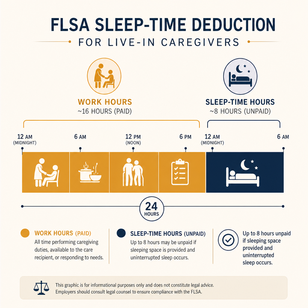 Horizontal 24-hour timeline infographic showing a live-in caregiver's day split into Work Hours (amber, ~16 hours) and Sleep-Time Hours (dark navy, ~8 hours marked unpaid with conditions).