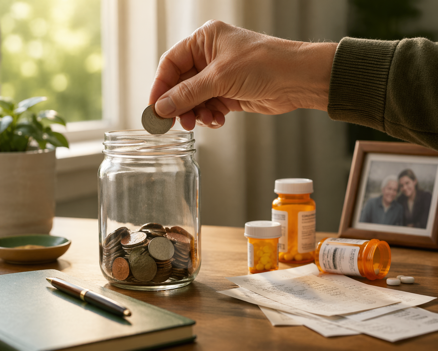 A hand placing coins into a retirement savings jar on a wooden table next to partially empty pill bottles and caregiving receipts, showing the tension between saving for retirement and caregiving costs.
