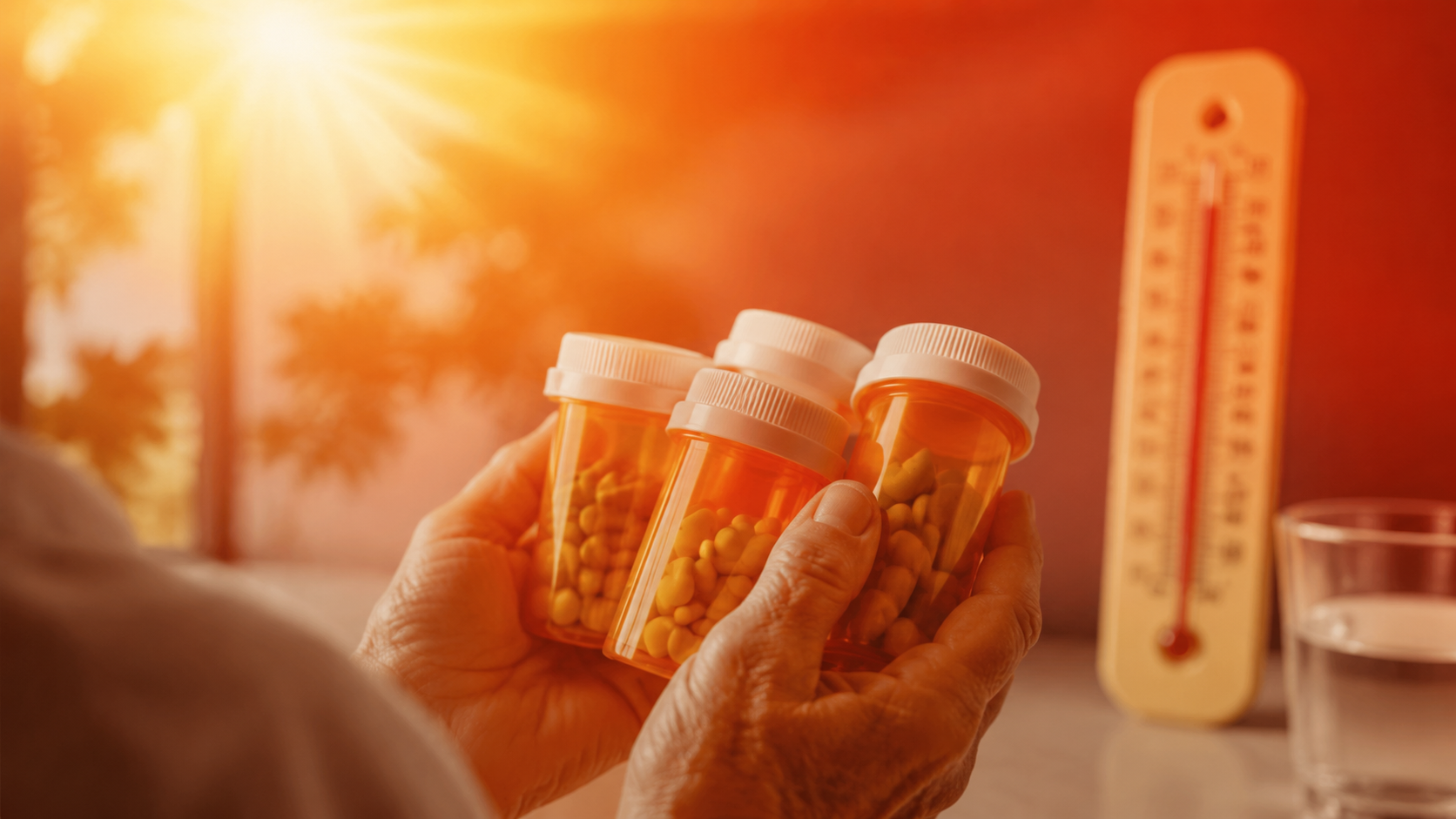 Senior adult holding prescription pill bottles in warm summer light