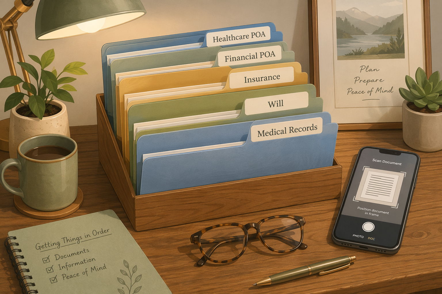 A desk with organized file folders labeled Healthcare POA, Financial POA, Insurance, Will, and Medical Records, with a pen, glasses, and a smartphone showing a document scanning app.