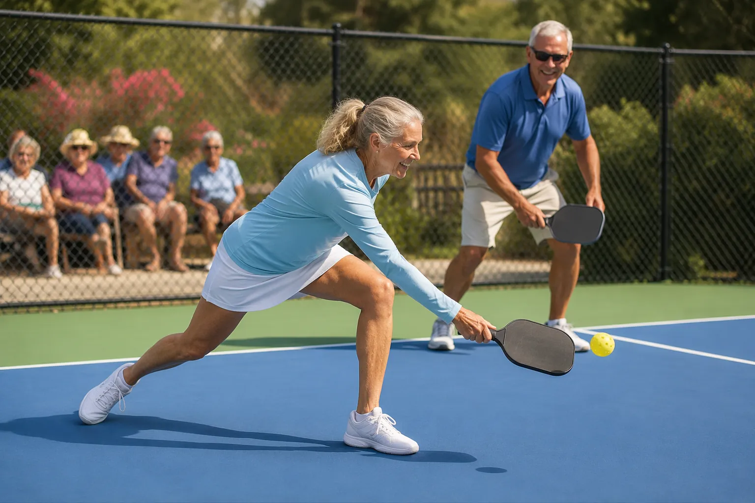 Older man and woman playing pickleball outdoors while the woman reaches sideways for a low ball