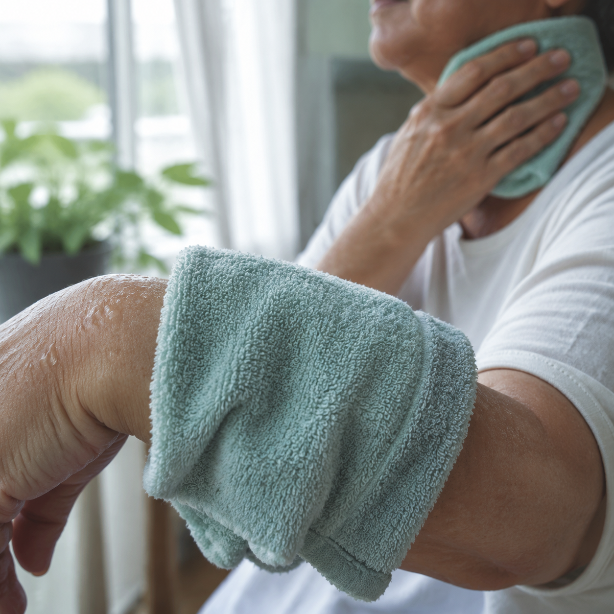 Older adult using cool damp washcloths on the wrist and neck for pulse-point cooling