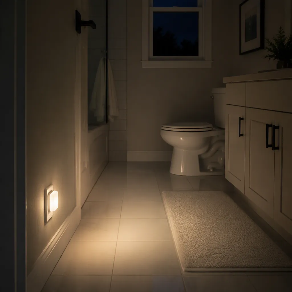 Battery-operated nightlight casting a warm glow across a bathroom floor toward the toilet
