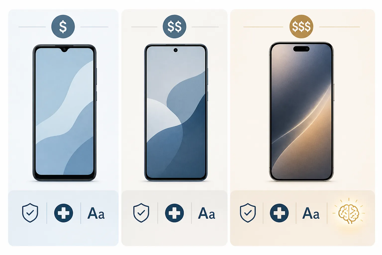 Comparison graphic showing budget, midrange, and premium phones with shared safety icons and one premium accessibility icon