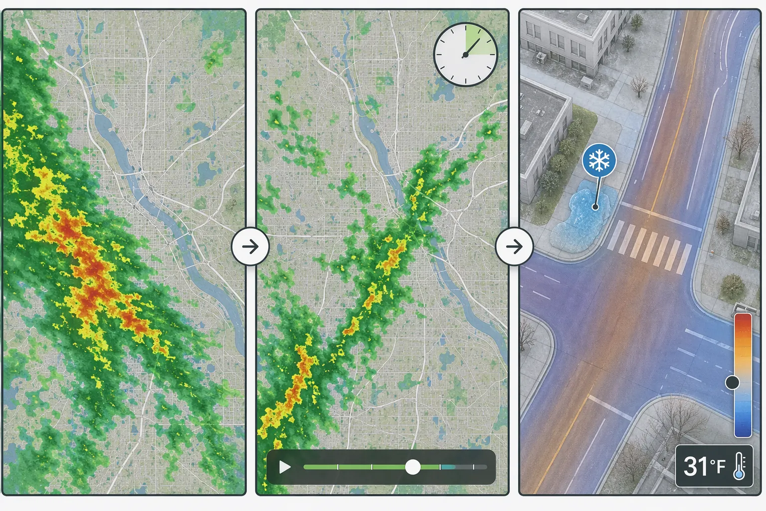 Three weather map panels showing precipitation radar, a future time slider, and pavement temperature conditions