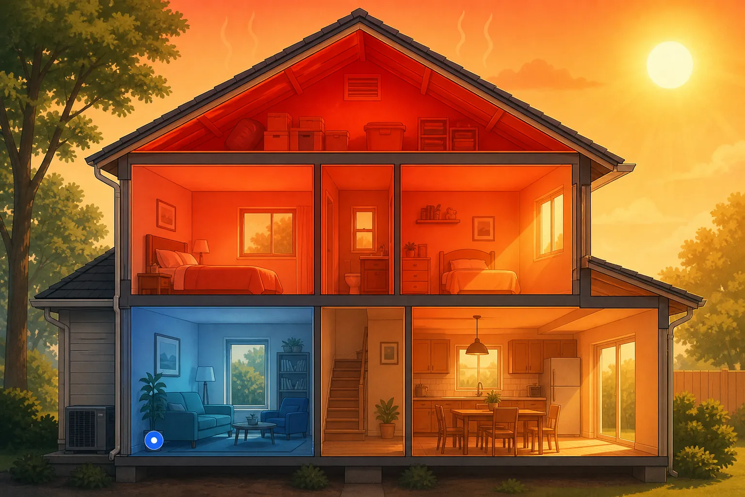 Cutaway illustration of a two-story home showing heat pooling upstairs and a cooler shaded ground-floor corner