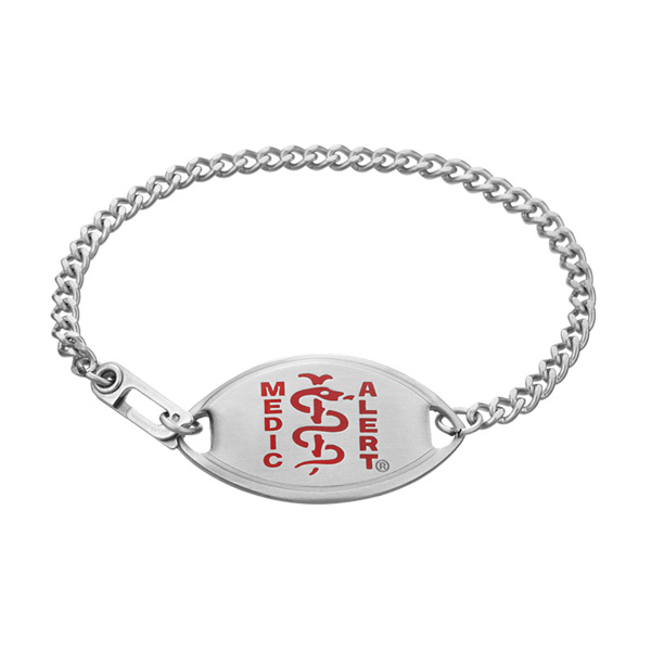 MedicAlert medical ID bracelet on a person's wrist