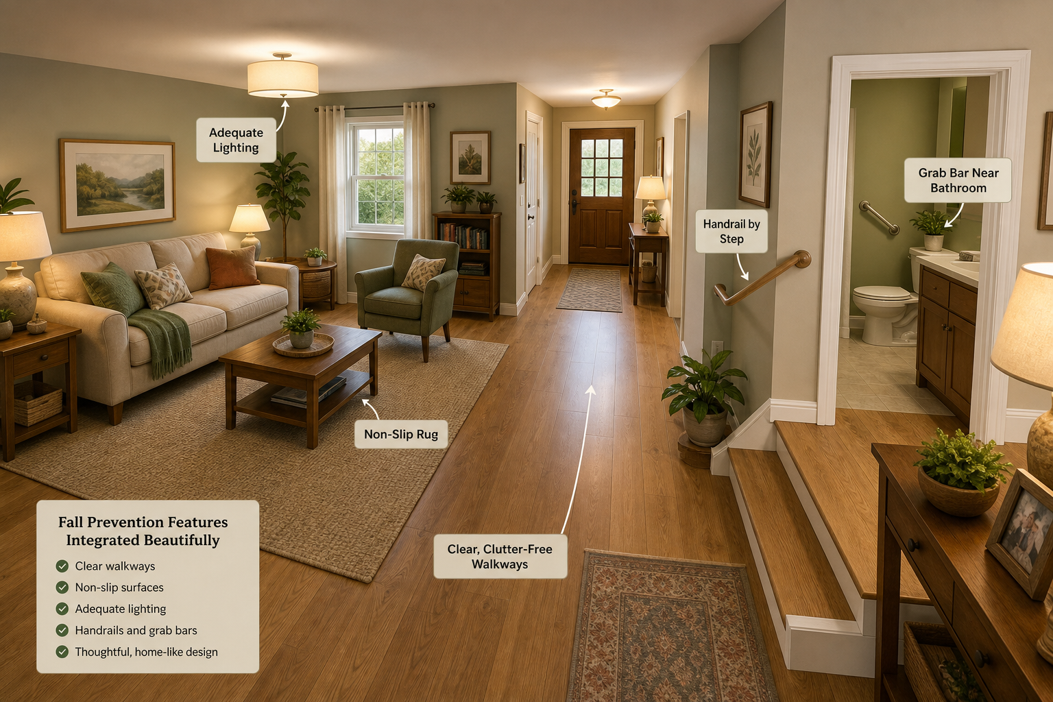An elevated view of a warm home living room and hallway with senior fall prevention features: clear walkways, a non-slip rug, adequate lighting, handrails by a step, and a grab bar near a bathroom doorway. Welcoming, non-clinical aesthetic.