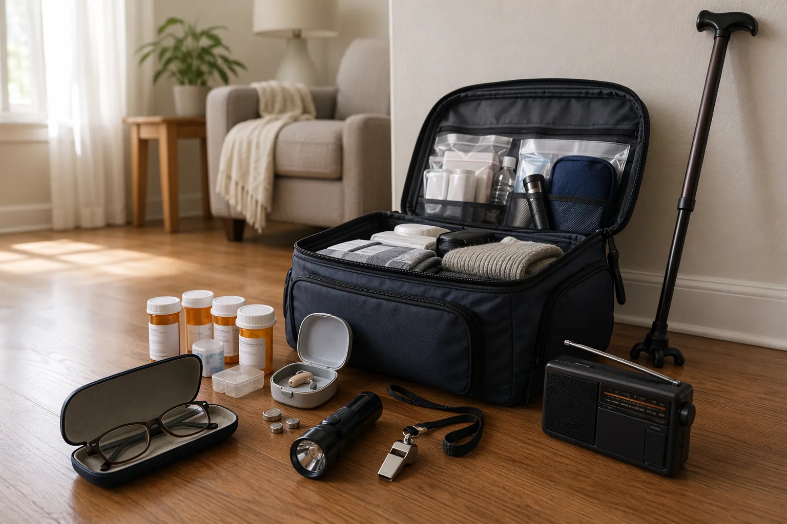 Earthquake preparedness kit with medications, cane, eyeglasses, hearing aid batteries, whistle, flashlight, and radio in a quiet home