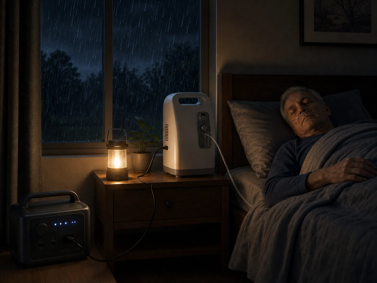 Bedside oxygen concentrator running from backup power during a nighttime outage