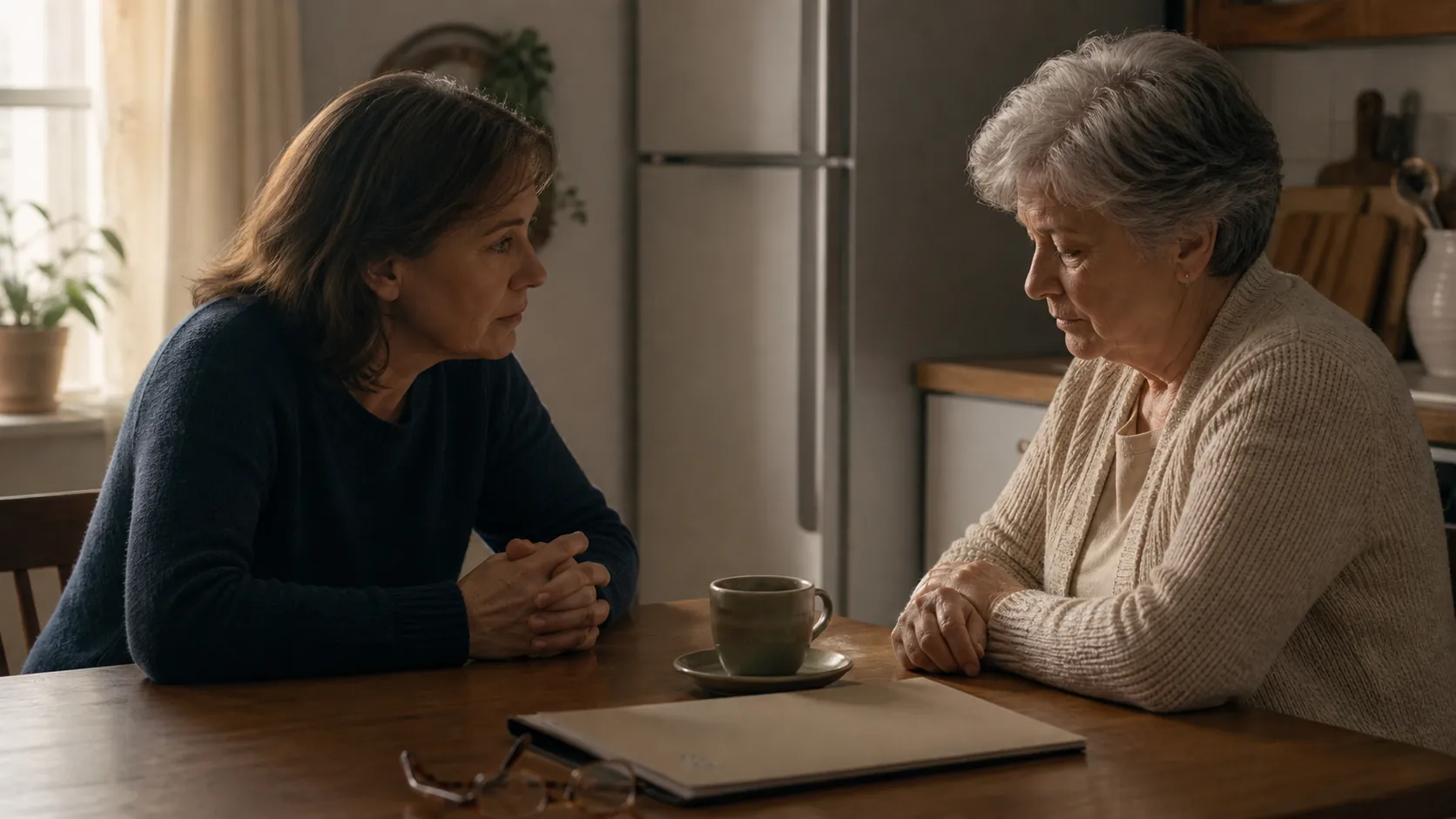 An adult child and older parent sitting at a kitchen table with an untouched cup of tea and a closed folder of clinic papers